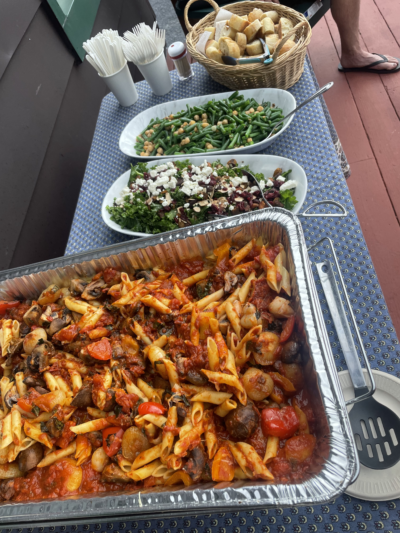 A tray of food on a table.