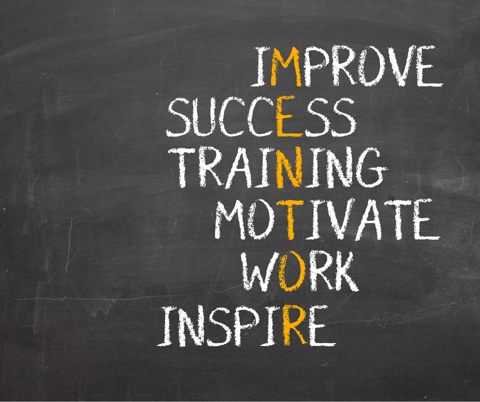 The words improve success training motivation work inspire on a chalkboard.