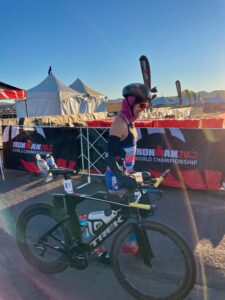 Woman heading out on bike for 70.3 worlds